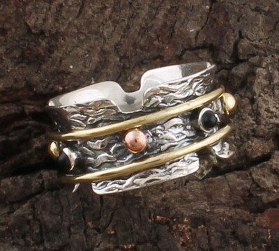Amazing Three Tone Natural Black Onyx Gemstone 925 Sterling Silver Ring / Round Shape Cabochon Designer Band Ring / Mother &amp; Father Gifts For Her