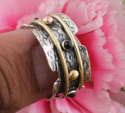 Amazing Three Tone Natural Black Onyx Gemstone 925 Sterling Silver Ring / Round Shape Cabochon Designer Band Ring / Mother &amp; Father Gifts For Her