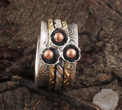 Flower Three Tone Solid 925 Sterling Silver Designer Spinner Ring For Wedding | Handmade Three Tone Meditation Band Ring For Women | Anxiety Ring For Family Gifts Idea