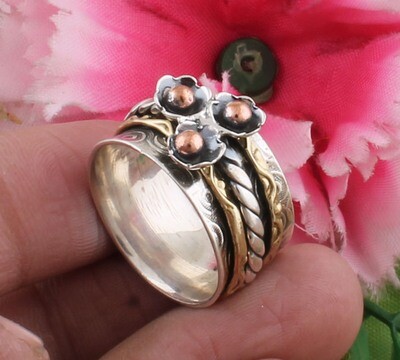Flower Three Tone Solid 925 Sterling Silver Designer Spinner Ring For Wedding | Handmade Three Tone Meditation Band Ring For Women | Anxiety Ring For Family Gifts Idea