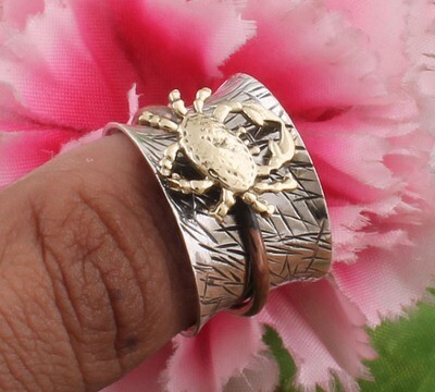 Crab Three Tone AAA+Quality 925 Sterling Silver &amp; Brass Meditation Spinner Ring - Handmade Carved Band Ring - Designer Crab Worry Ring For Women Gifs Idea