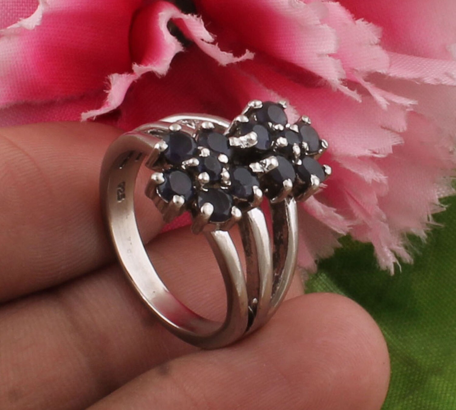 Prong Set Natural Black Onyx Solid 925 Sterling Silver Round Shape Designer Ring For Women / Handmade Faceted Stone Fancy Ring For Anniversary Gifts