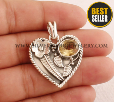 Solid Silver Heart Natural Citrine Necklace Pendant - 925 Sterling Silver Carved Leaf &amp; Flower Pendant - Boho Handmade Heart Jewelry Gift