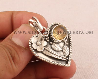 Solid Silver Heart Natural Citrine Necklace Pendant - 925 Sterling Silver Carved Leaf &amp; Flower Pendant - Boho Handmade Heart Jewelry Gift