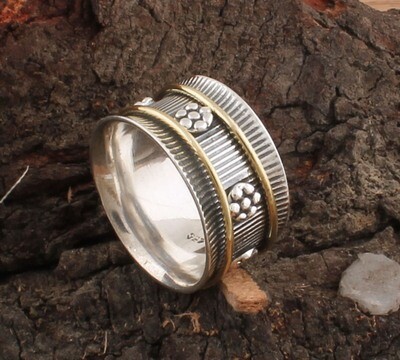 Flower Antique Silver Textured Designer Two Tone 925 Sterling Silver &amp; Brass Spinner Ring / Family Silver Spinner Band Ring / Thumb Ring / Women Gifts For Her