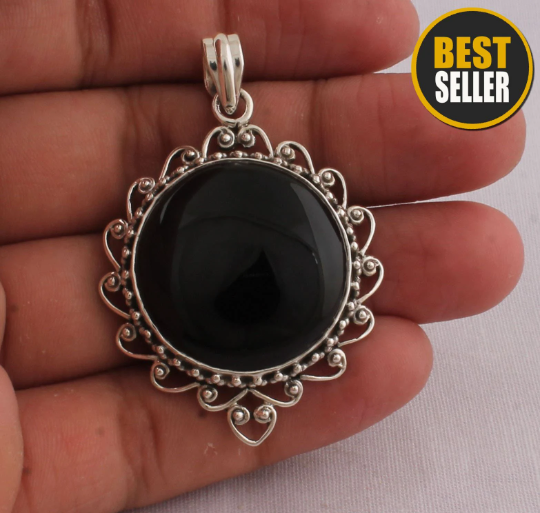 Big Size 925 Sterling Silver Black Onyx Gemstone Necklace, AAA+Top Quality, Round Necklace, Handcrafted Necklace, Adorable