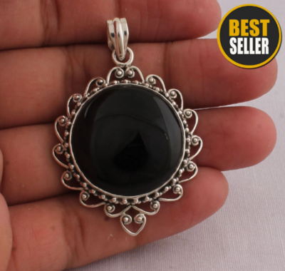 Big Size 925 Sterling Silver Black Onyx Gemstone Necklace, AAA+Top Quality, Round Necklace, Handcrafted Necklace, Adorable