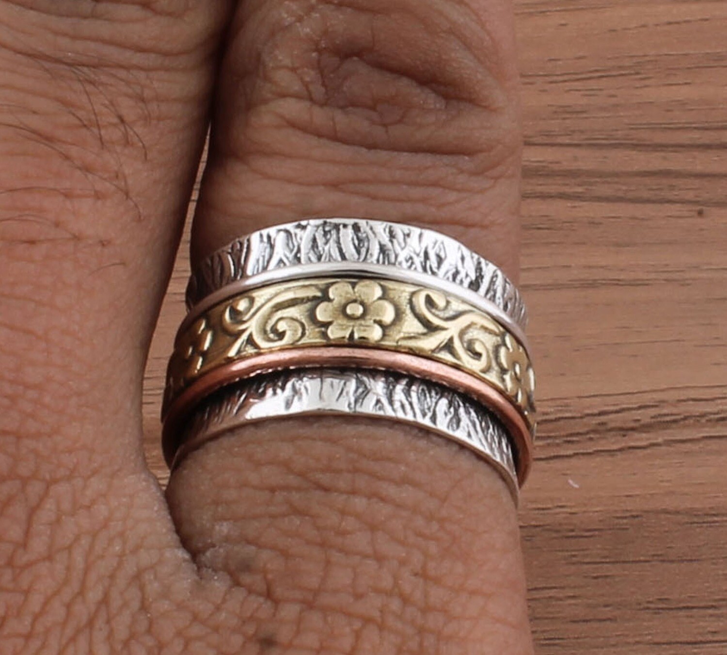 Flower Antique Silver Textured Three Tone 925 Sterling Silver &amp; Brass Spinner Ring / Family Silver Spinner Band Ring / Thumb Ring / Girlfriends Gifts For Her