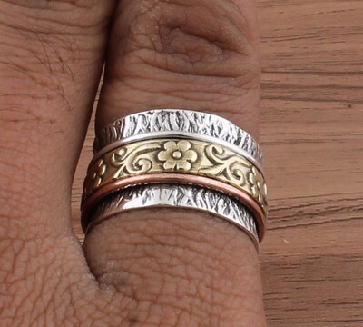 Flower Antique Silver Textured Three Tone 925 Sterling Silver &amp; Brass Spinner Ring / Family Silver Spinner Band Ring / Thumb Ring / Girlfriends Gifts For Her