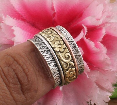 Flower Antique Silver Textured Three Tone 925 Sterling Silver & Brass Spinner Ring / Family Silver Spinner Band Ring / Thumb Ring / Girlfriends Gifts For Her