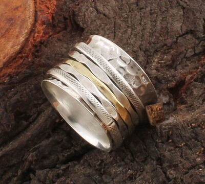 Solid Antique Silver Hammered Designer Two Tone 925 Sterling Silver &amp; Brass Spinner Ring / Family Silver Spinner Band Ring / Thumb Ring / Wedding Anniversary Gifts For Her