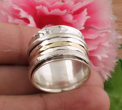 Solid Antique Silver Hammered Designer Two Tone 925 Sterling Silver & Brass Spinner Ring / Family Silver Spinner Band Ring / Thumb Ring / Wedding Anniversary Gifts For Her