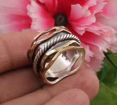 925 Sterling Solid Silver Hammered Designer Three Tone Spinner Ring For Wedding | Handmade Three Tone Meditation Band Ring For Women | Anxiety Ring For Anniversary Gifts For Her