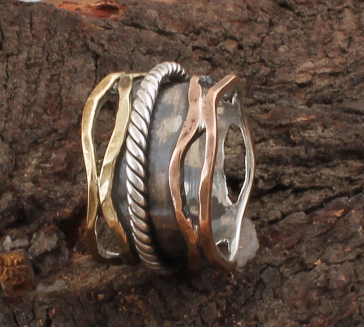 925 Sterling Solid Silver Hammered Designer Three Tone Spinner Ring For Wedding | Handmade Three Tone Meditation Band Ring For Women | Anxiety Ring For Anniversary Gifts For Her