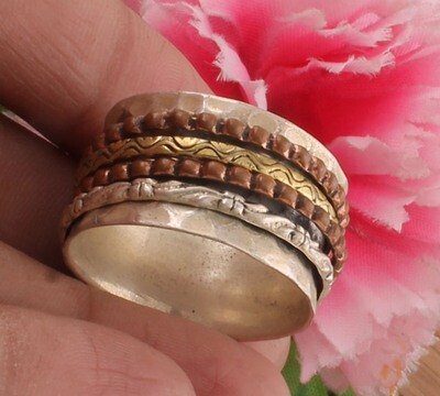 925 Sterling Solid Silver Hammered Designer Three Tone Spinner Ring For Wedding | Handmade Three Tone Meditation Band Ring For Women | Anxiety Ring For Anniversary Gifts Idea