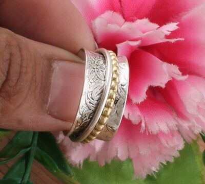 Butterfly Antique Silver Designer Two Tone 925 Sterling Silver &amp; Brass Spinner Ring / Family Silver Spinner Band Ring / Thumb Ring / Women Gifts For Her