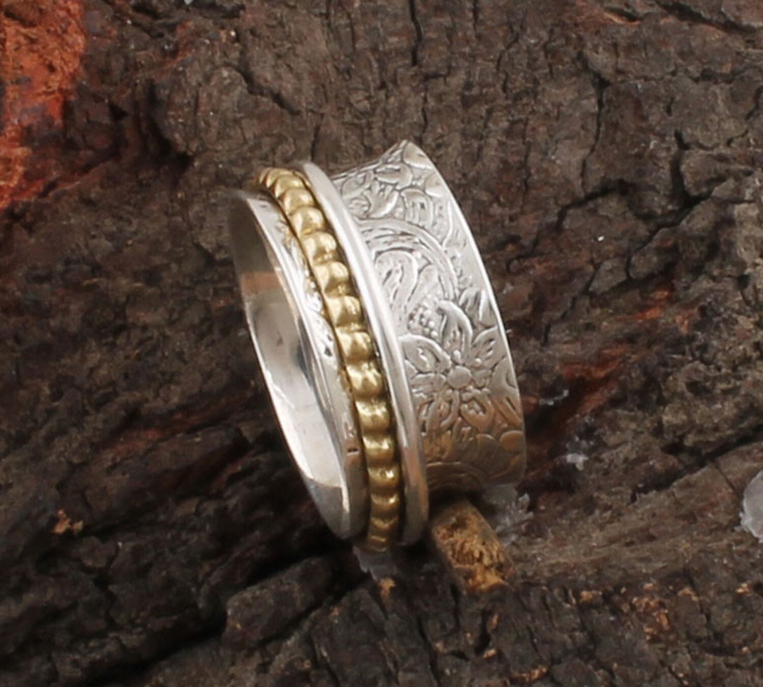 Butterfly Antique Silver Designer Two Tone 925 Sterling Silver &amp; Brass Spinner Ring / Family Silver Spinner Band Ring / Thumb Ring / Women Gifts For Her