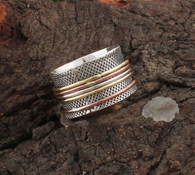 925 Sterling Silver &amp; Brass AAA+Quality Three Tone  Ring - Family Silver Spinner Band Ring - Antique Silver Textured Designer Spinner Ring - Thumb Ring For Anniversary Weddings Gifts Idea