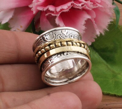 Antique Silver Hammered Textured Designer Spinner Two Tone 925 Sterling Silver &amp; Brass Ring / Family Silver Spinner Band Ring / Thumb Ring / Women Gifts For Her