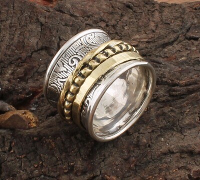 Antique Silver Hammered Textured Designer Spinner Two Tone 925 Sterling Silver &amp; Brass Ring / Family Silver Spinner Band Ring / Thumb Ring / Women Gifts For Her