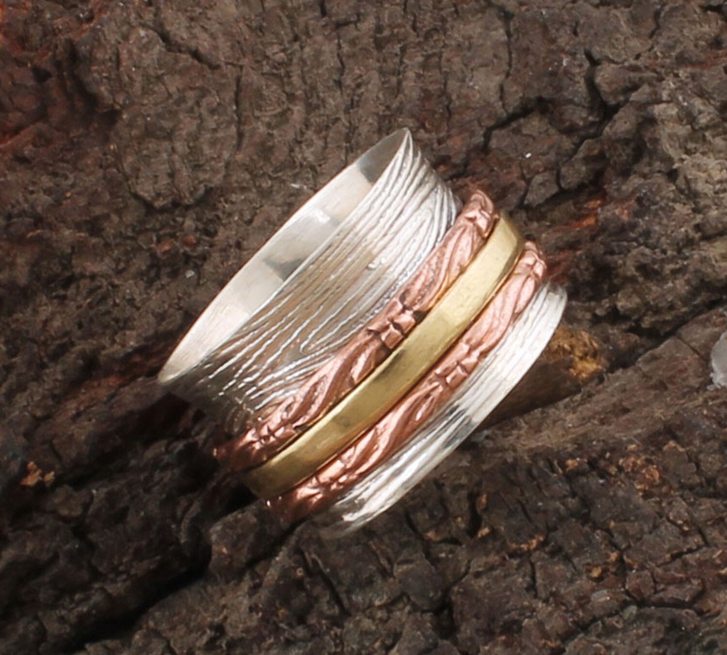 925 Sterling Solid Silver Designer Three Tone Spinner Ring | Handmade Three Tone Meditation Band Ring For Women | Anxiety Ring For Weddings Anniversary Gifts Her