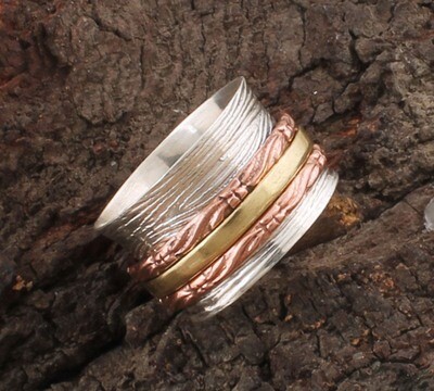 925 Sterling Solid Silver Designer Three Tone Spinner Ring | Handmade Three Tone Meditation Band Ring For Women | Anxiety Ring For Weddings Anniversary Gifts Her