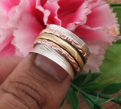 925 Sterling Solid Silver Designer Three Tone Spinner Ring | Handmade Three Tone Meditation Band Ring For Women | Anxiety Ring For Weddings Anniversary Gifts Her