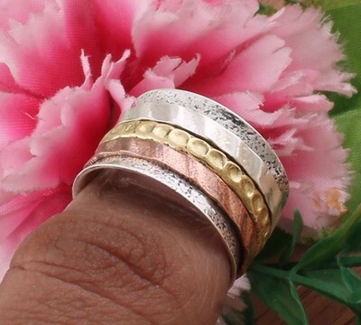 925 Sterling Solid Silver Hammered Designer Three Tone Spinner Ring For Mom | Handmade Three Tone Meditation Band Ring For Women | Anxiety Ring For Weddings Gifts Idea