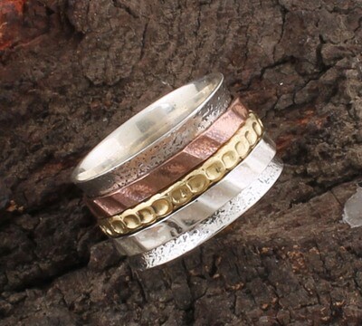 925 Sterling Solid Silver Hammered Designer Three Tone Spinner Ring For Mom | Handmade Three Tone Meditation Band Ring For Women | Anxiety Ring For Weddings Gifts Idea