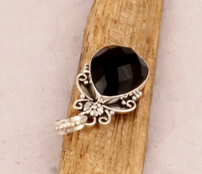 Faceted Black Onyx Necklace - 925 Sterling Silver Necklace - Designer Antiqued Silver Flower Necklace - Wedding Jewelry