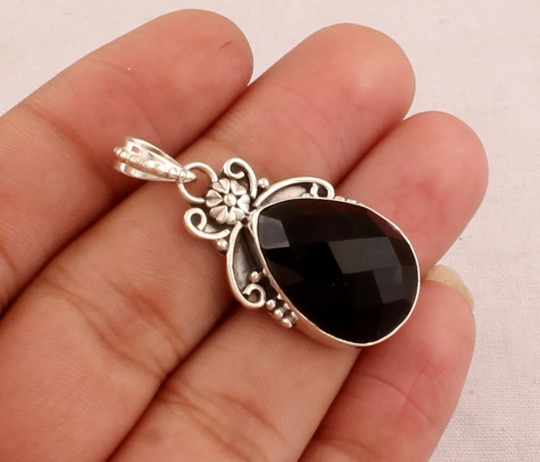 Faceted Black Onyx Necklace - 925 Sterling Silver Necklace - Designer Antiqued Silver Flower Necklace - Wedding Jewelry