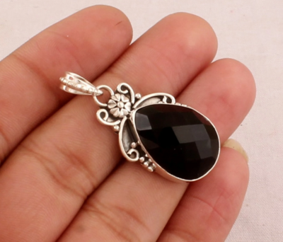 Faceted Black Onyx Necklace - 925 Sterling Silver Necklace - Designer Antiqued Silver Flower Necklace - Wedding Jewelry