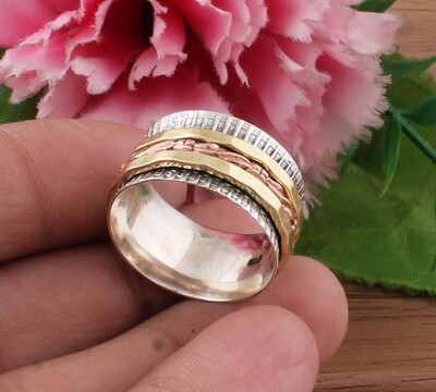 Amazing Three Tone 925 Sterling Solid Silver Designer Spinner Ring | Handmade Meditation Band Ring For Sister | Anxiety Ring For Weddings Anniversary Gifts Idea