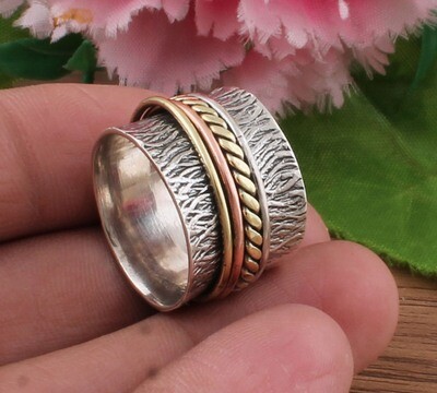 Amazing 925 Sterling Solid Silver Designer Three Tone Spinner Ring | Handmade Meditation Band Ring For Women | Anxiety Ring For Weddings Anniversary Gifts Idea