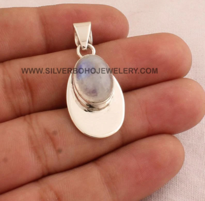 925 Sterling Silver Natural Rainbow Moonstone Silver Pendant - Designer Smooth Oval Gemstone Pendant - Necklace Pendant