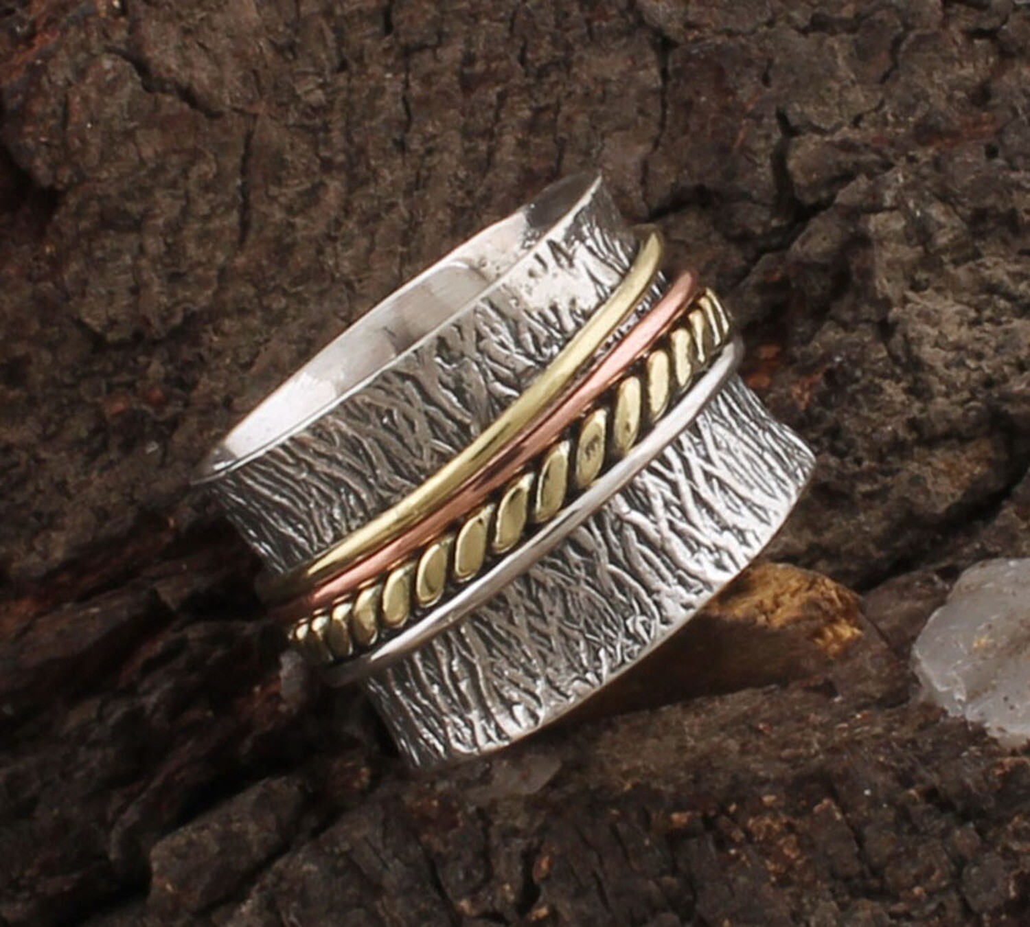 Amazing 925 Sterling Solid Silver Designer Three Tone Spinner Ring | Handmade Meditation Band Ring For Women | Anxiety Ring For Weddings Anniversary Gifts Idea