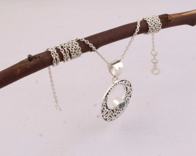 Natural Blue Topaz Top Quality Gemstone Necklace,Round Stone Necklace 925-Sterling Silver Necklace Boho Necklace Antique Silver Necklace