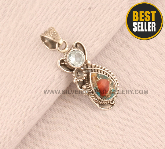 Oyster Copper Turquoise &amp; Blue Topaz Gemstone Pendant - 925 Sterling Silver Pendant - Designer Antiqued Silver Pendant Necklace For Women