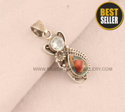 Oyster Copper Turquoise &amp; Blue Topaz Gemstone Pendant - 925 Sterling Silver Pendant - Designer Antiqued Silver Pendant Necklace For Women