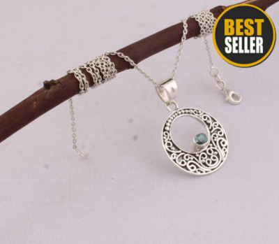 Natural Blue Topaz Top Quality Gemstone Necklace,Round Stone Necklace 925-Sterling Silver Necklace Boho Necklace Antique Silver Necklace