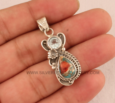 Oyster Copper Turquoise &amp; Blue Topaz Gemstone Pendant - 925 Sterling Silver Pendant - Designer Antiqued Silver Pendant Necklace For Women