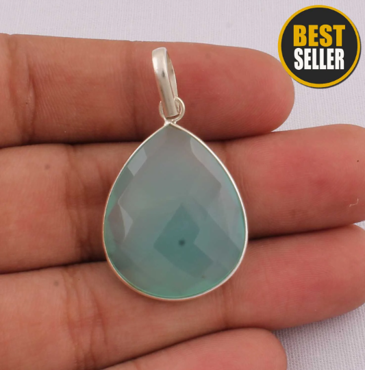 Natural Aquamarine Chalcedony Top Quality Gemstone Pendant 925-Sterling Silver Pendant,Boho Simple Pendant,Wedding Pendant One-OF -Kind Item
