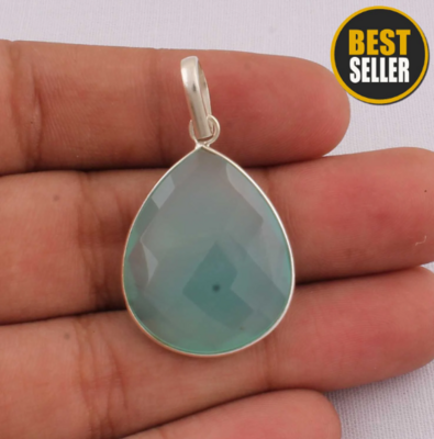 Natural Aquamarine Chalcedony Top Quality Gemstone Pendant 925-Sterling Silver Pendant,Boho Simple Pendant,Wedding Pendant One-OF -Kind Item