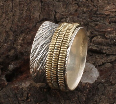 Antique Silver Designer Two Tone 925 Sterling Silver &amp; Brass Spinner Ring / Family Silver Spinner Band Ring / Thumb Ring / Weddings Gifts For Her