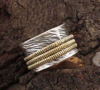 Antique Silver Designer Two Tone 925 Sterling Silver &amp; Brass Spinner Ring / Family Silver Spinner Band Ring / Thumb Ring / Weddings Gifts For Her