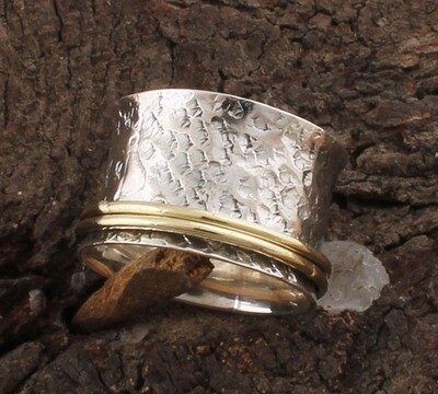 Antique Silver Designer Two Tone 925 Sterling Silver &amp; Brass Spinner Ring / Mother Silver Spinner Band Ring / Thumb Ring / Waddings Anniversary Gifts Idea