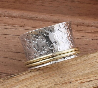 Antique Silver Designer Two Tone 925 Sterling Silver &amp; Brass Spinner Ring / Mother Silver Spinner Band Ring / Thumb Ring / Waddings Anniversary Gifts Idea