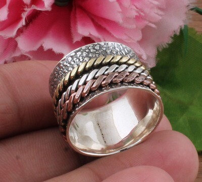 Amazing 925 Sterling Solid Silver Designer Three Tone Spinner Ring | Handmade Meditation Band Ring For Mother | Anxiety Ring For Weddings Anniversary Gifts Idea