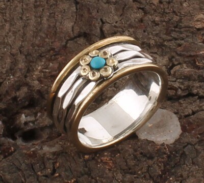 925 Sterling Silver Ring / Two Tone Flower Natural Sleeping Beauty Turquoise AAA+Quality Gemstone Spinner Band Ring / Boho Round Ring / Antique Silver Finger Ring For Mom Gifts Her