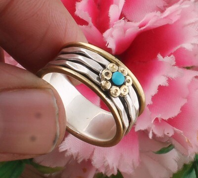 925 Sterling Silver Ring / Two Tone Flower Natural Sleeping Beauty Turquoise AAA+Quality Gemstone Spinner Band Ring / Boho Round Ring / Antique Silver Finger Ring For Mom Gifts Her